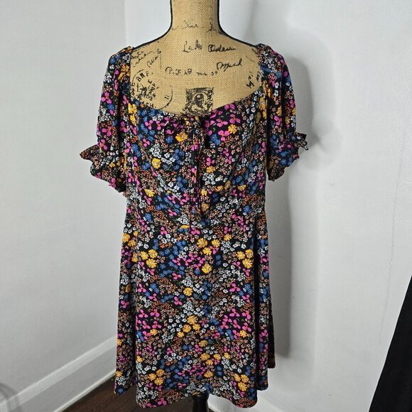 Y2K style Neon Floral Off the Shoulder Boho Babydoll Mini Dress - Picture 2 of 9
